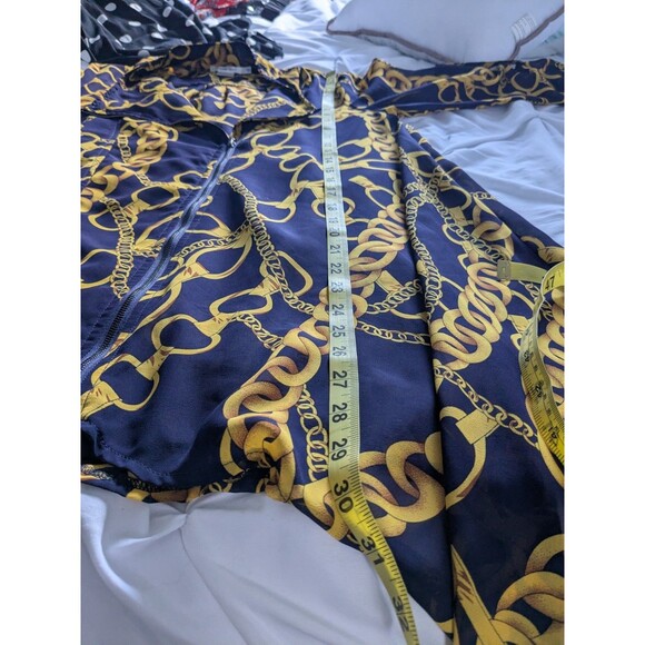 Feratelli Tunic Top Womens S Flowy Navy Status Print Sheer Moto Zip RollTab Glam - Picture 13 of 13